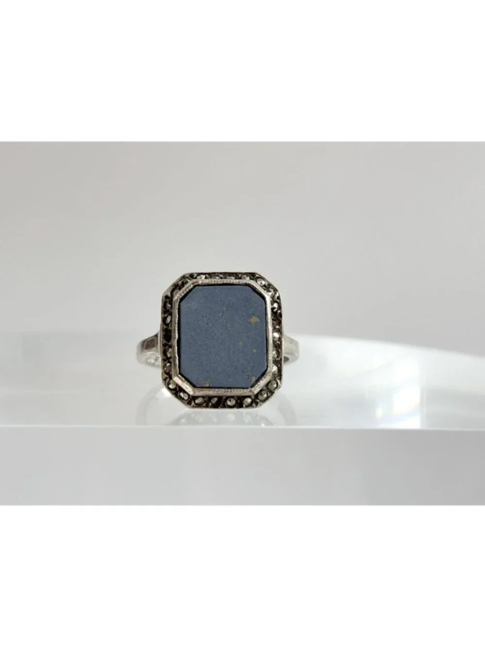 Lapis Lazuli Blue Octagon Marcasite Sterling Silver 925 Vintage Ring - sz 6.5